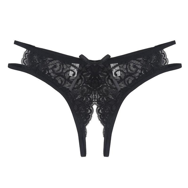 Koreańskie koronkowe przezroczyste stringi bez krocza: Seksowne, niskie w pasie, przewiewne, urocze siateczki z kokardką.