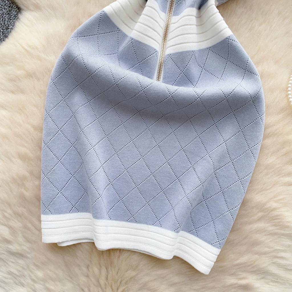 Robe mini tricotée pour femme, sans manches, motif de tempérament, bloc de couleurs, fermeture éclair, slim, élastique, été