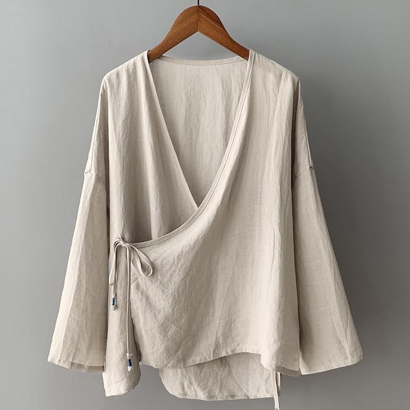 Damen Cardigan aus Baumwolle-Leinen in Übergröße: Schräges Revers, zum Binden, Locker, Künstlerisches Retro-Oberteil für die Teezeremonie 3XL beige