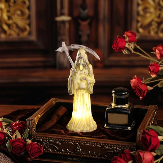 Halloween Scythe Night Light, Grim Reaper LED Desktop Decor, Warm Glow Ornament for Spooky Party Home