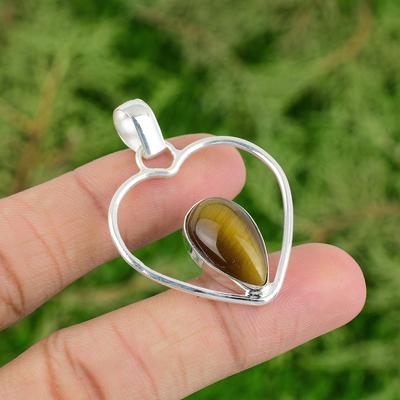 Daughters Day Sale Sterling Silver Tiger's Eye Gemstone Engagement Heart Pendant