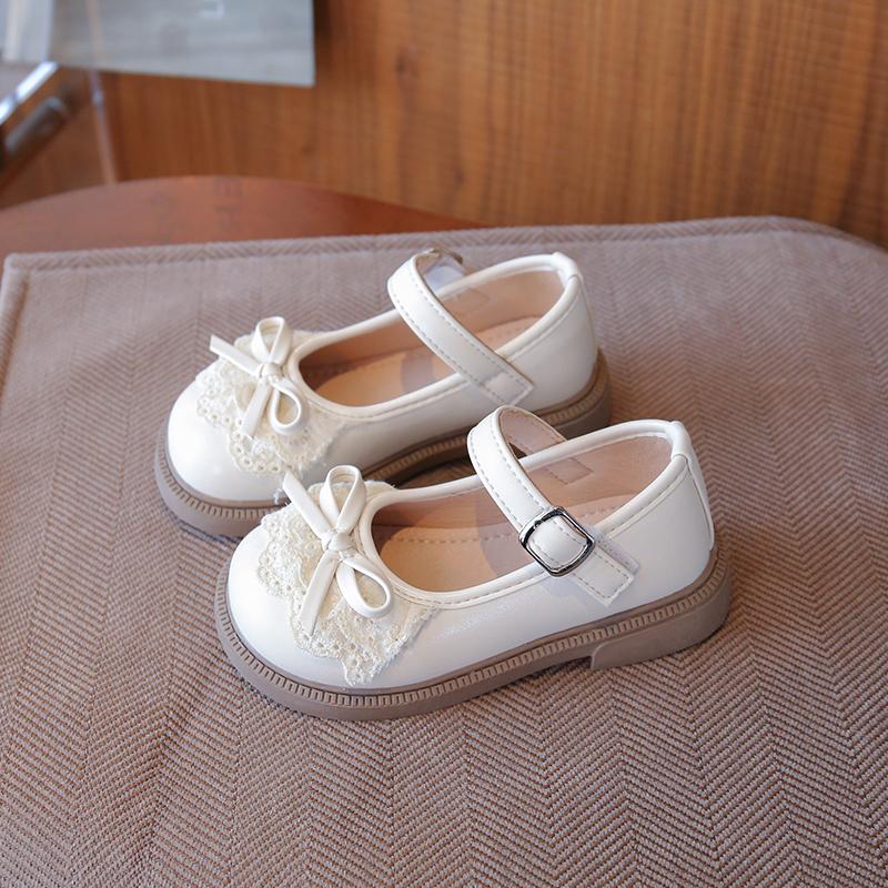 Spring New Girls Princess Lace Flats Shoes Kids Bow Round Toe Leather Retro Toddler Non Slip Dress Shoes for Party