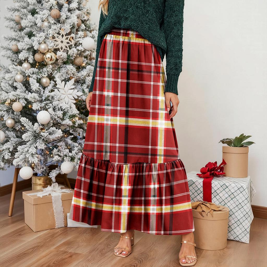 Women's Ruffled Casual Long Skirt Plaid Skirt Retro Pleated Skirt