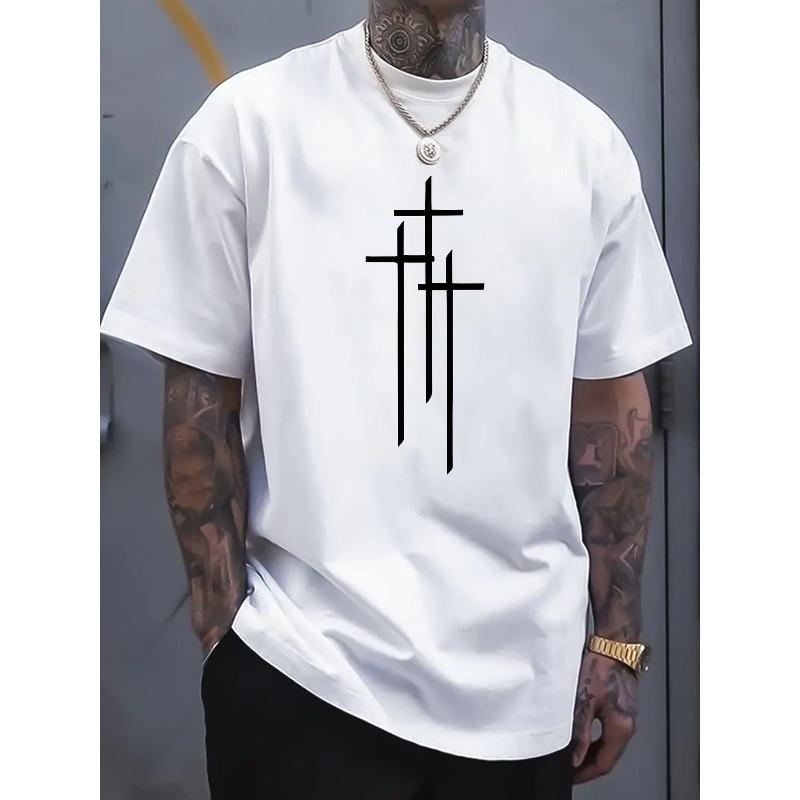 European sizes Men'S Casual Trendy Short-Sleeve T-Shirt with a Cross Pattern Print. Breathable And Comfortable for Everyday Wear, Suitable for Sports