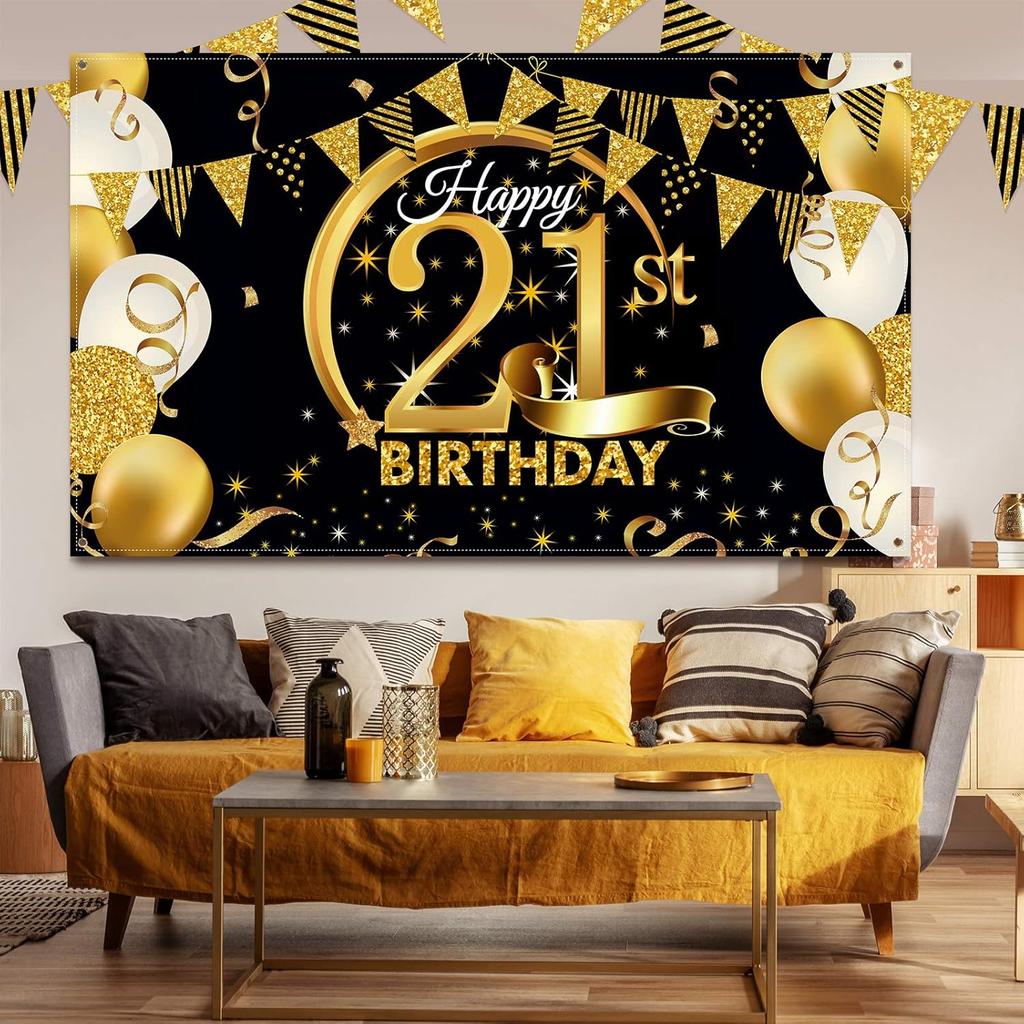 Birthday Party Decoration Extra Large Fabric Black Gold Sign Poster for Anniversary Photo Booth Backdrop Background Banner, Birthday Party Supplies,
