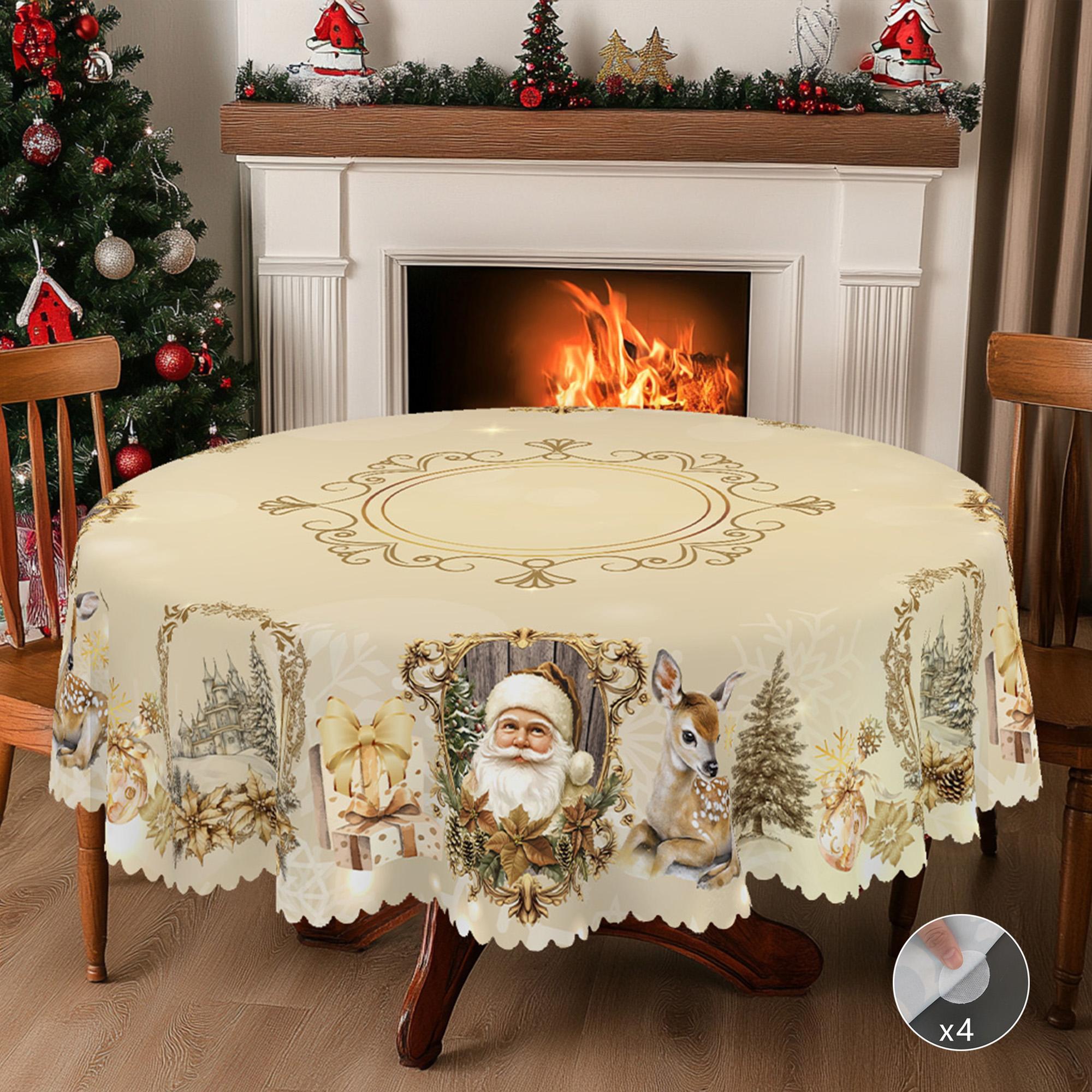 Kerst Vintage Boerderij Tafelkleed met Kerstman, rendieren & Kerstboom prints. Rechthoekige & ronde maten voor Kerst/Nieuwjaarsfeesten, keuken, binnen & Round (180)Cm