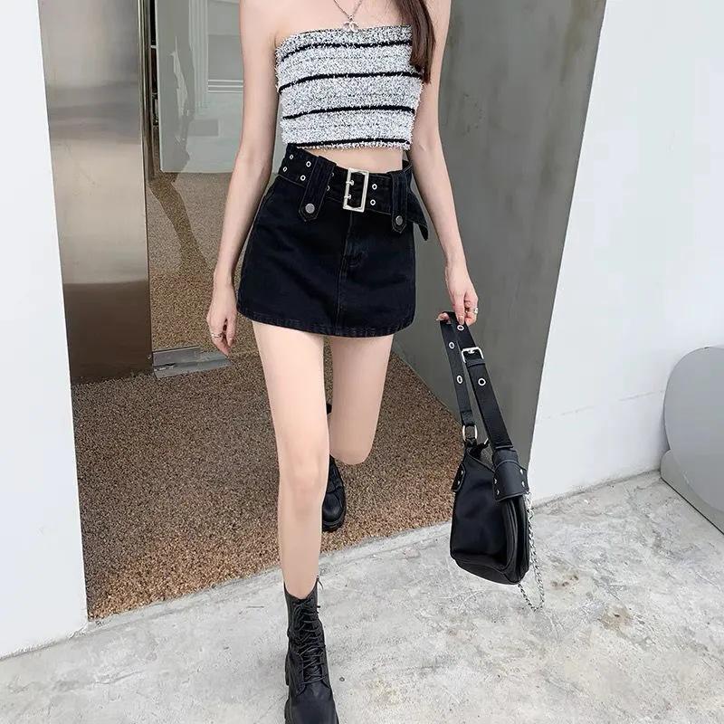 Korean Style Denim Mini Skort: Sweet & Spicy A-Line with Belt, Summer 2024 Fashion for Women