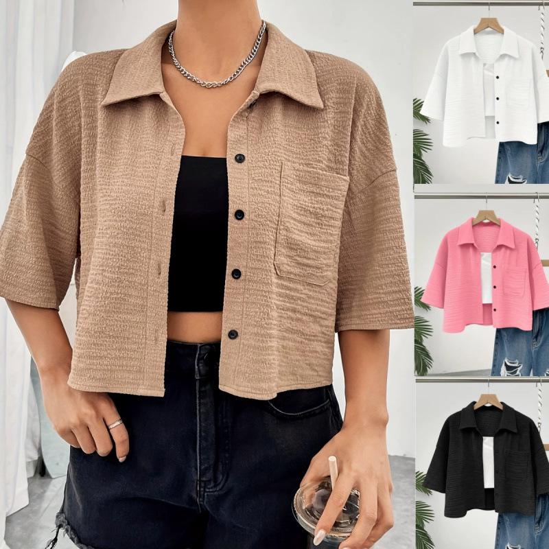 Damen Freizeit Cardigan Hemd aus Baumwolle und Leinen - Einfarbige, Doppeltasche, Langarm, 7 Farben, 8 Größen