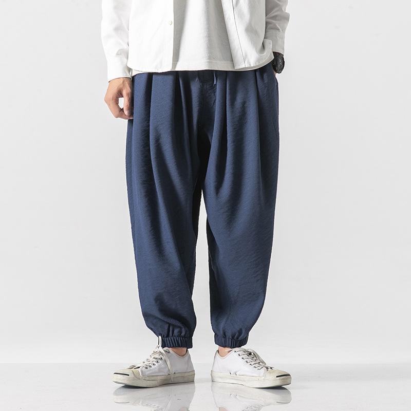 Cotton and linen elastic waist large size Harlan pants retro bloomers Hong Kong style wide leg wide leg leggings