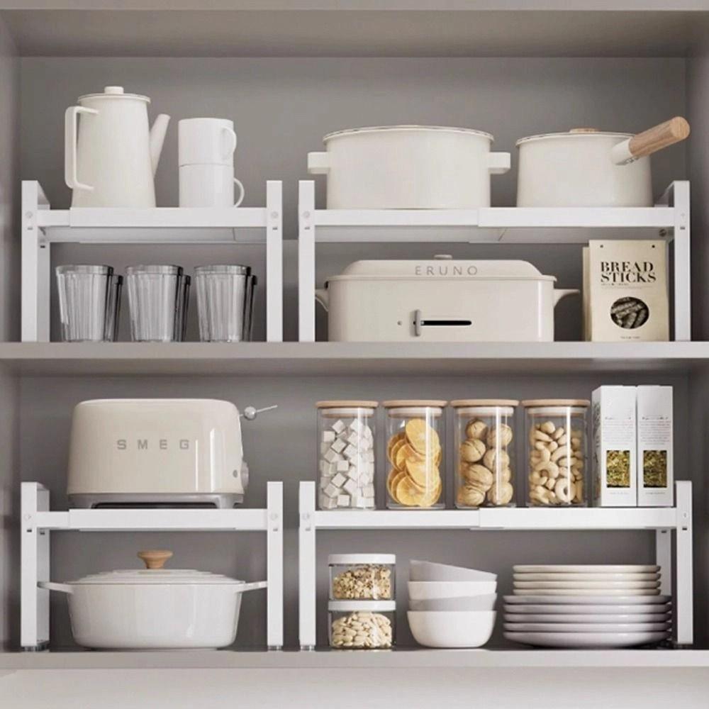 Layered Adjustable Kitchen Organizer Expandable Stackable Kitchenware Storage Rack Freestanding Space Saving