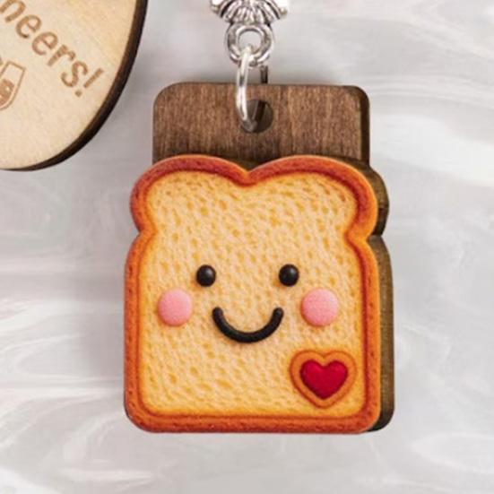 Wooden Toast Keychain with Card Cartoon Bread Slices Key Ring Backpack Schoolbag Hanging Decoration Bag Charm Purse Pendant New Beginnings Gifts
