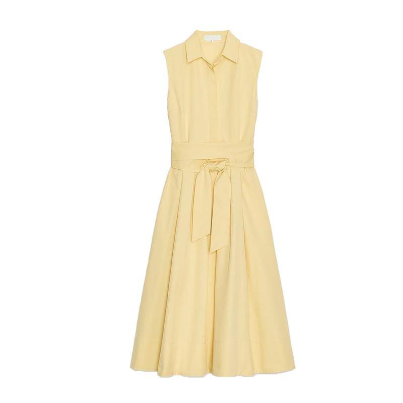 

Summer New Product Women s Clothes Cotton Lapel with Belt Poplin Shirt Sleeveless Dress 4043072 Yellow L