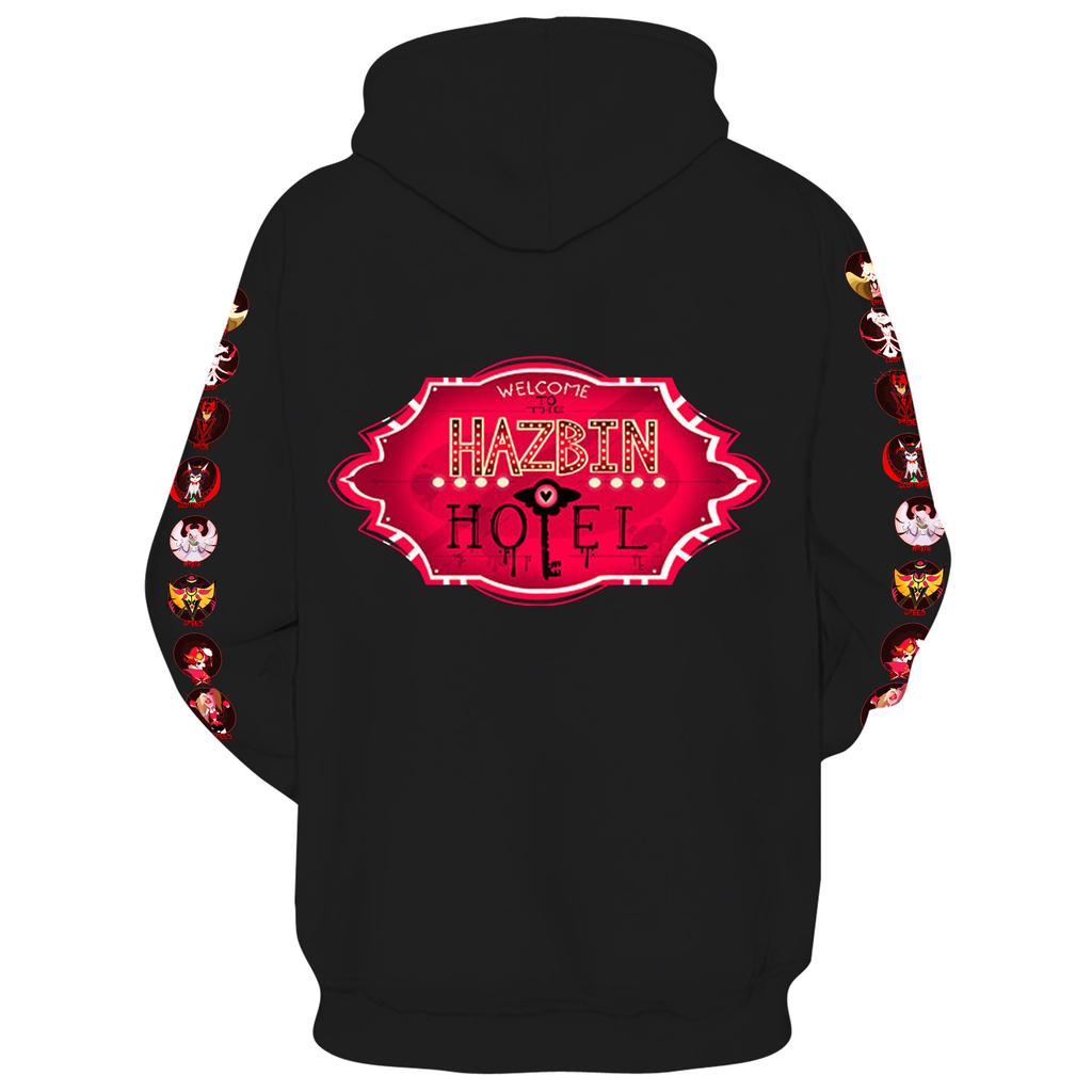 Hazbin Hotel Cute Character Stickers Print Hoodie Cartoon Long Sleeve Pullover Hooded Sweatshirt For Anime Lovers