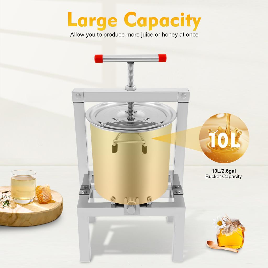 Stainless Steel Fruit Wine Press 10L, Manual Cider Juicer Crusher for Apple Grape Berry, Home Kitchen Juice Maker