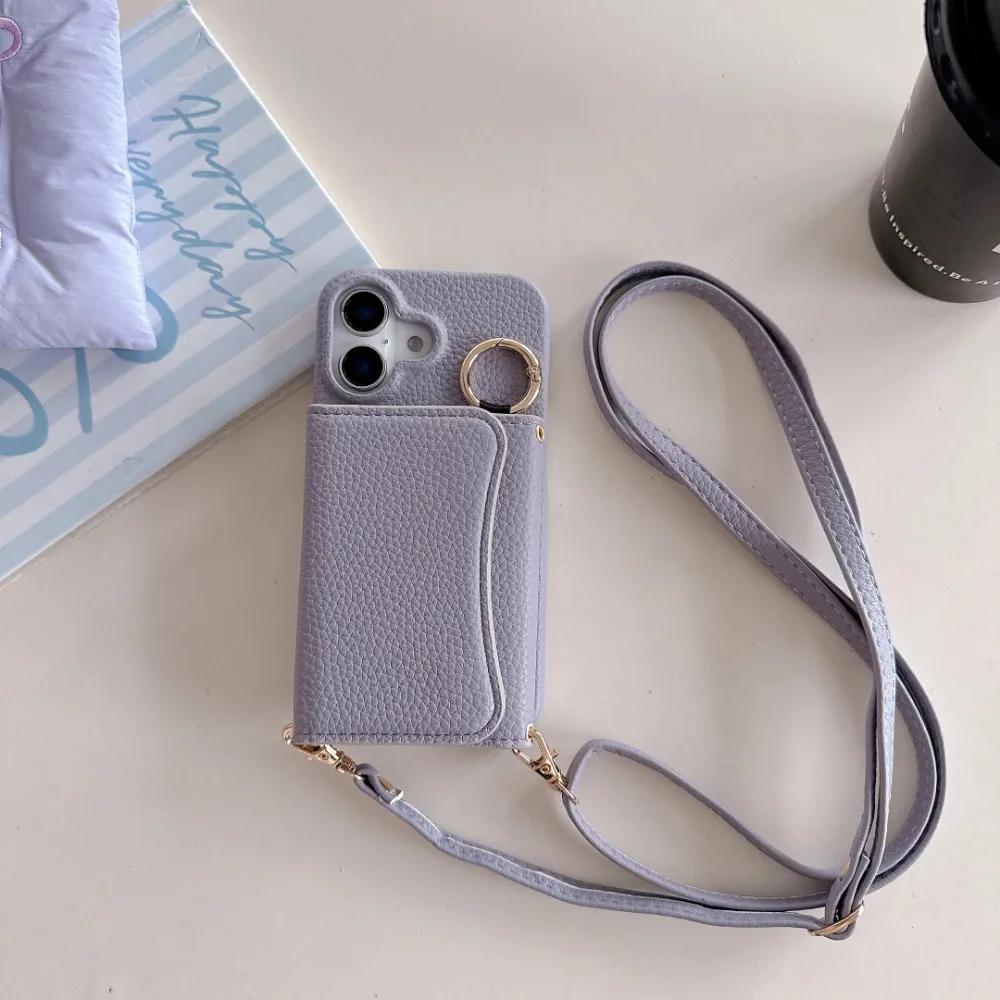 Wallet Card Holder Slot Phone Case for IPhone 16E 16 15 14 Pro 13 12 Mini 11ProMax Ring Crossbody PU Leather Anti-fall Cover