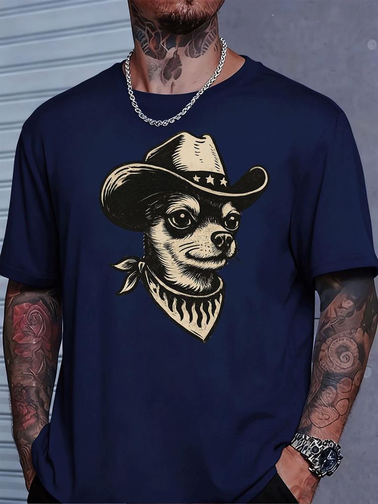 Blue Mens Summer Tee Retro Cowboy Chihuahua Dog Print Soft Loose Western Casual Street Top For Trendy Male Daily Outfit