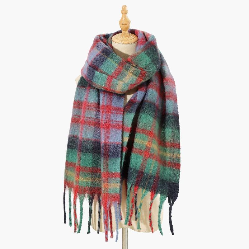 Mohair rainbow plaid fringed scarf women's thickened warm wool lengthened scarf