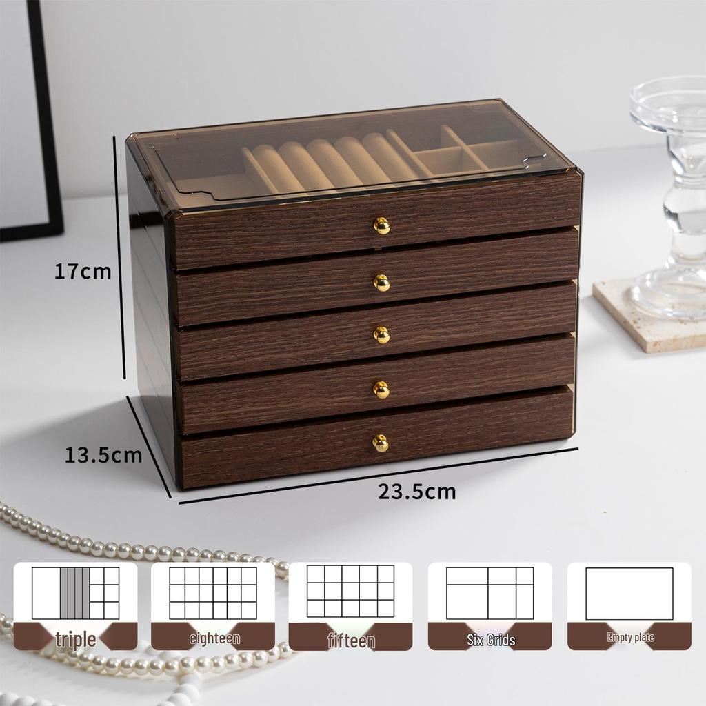 Antique Chinese Walnut Wood Multi-layer Jewelry Box with Drawers for Rings, Earrings, and Necklaces