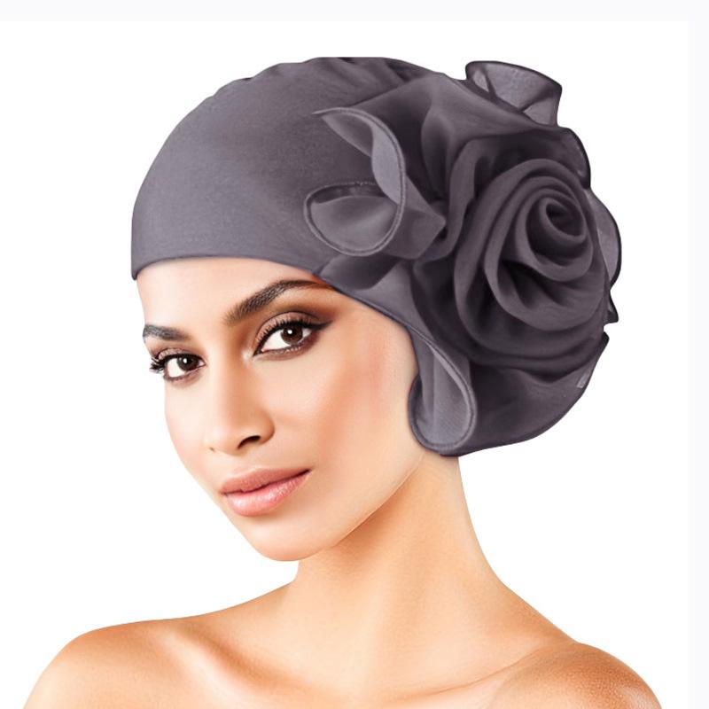 1Pc Head Cap Muslim Head Wraps Women Hair Accessories Solid Color Fashion Turban Hat Elastic Cloth Big Flower