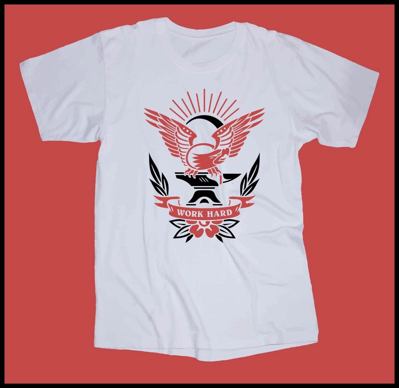 

Work Hard Working-Class White T-shirt Boots Factory Oi Traditional Eagle Tattoo L