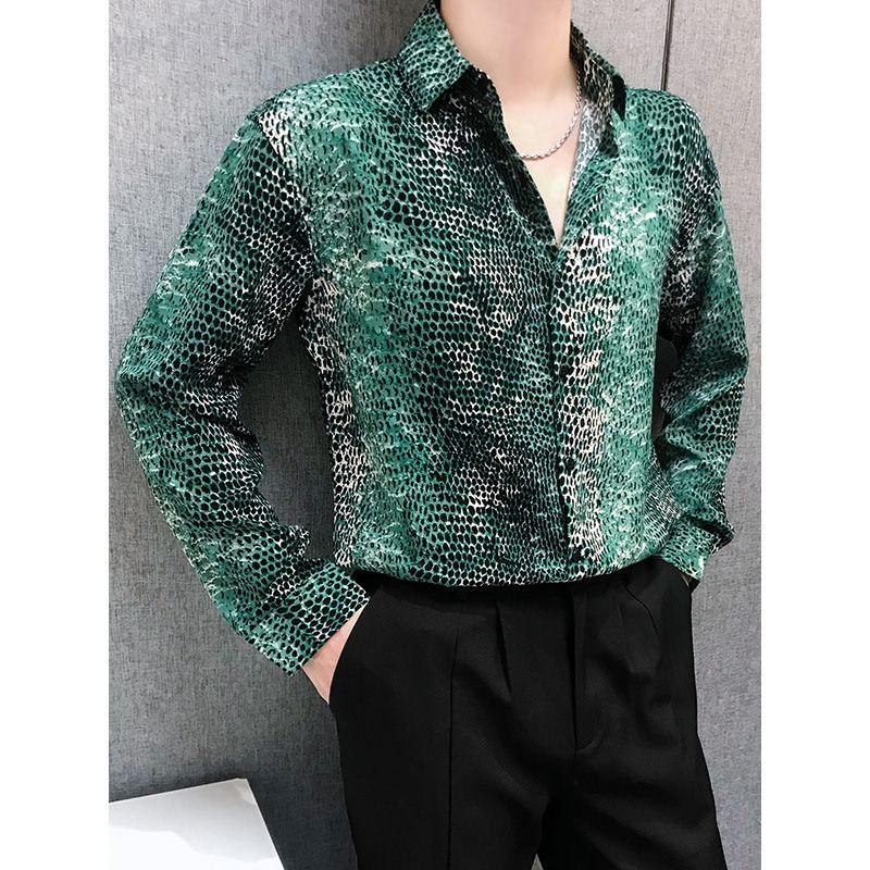 Lapel Long-sleeved Snakeskin Pattern Shirt Men Long-sleeved Slim-fitting Drape Personalized Floral Shirt Ice Silk Free-iron Top