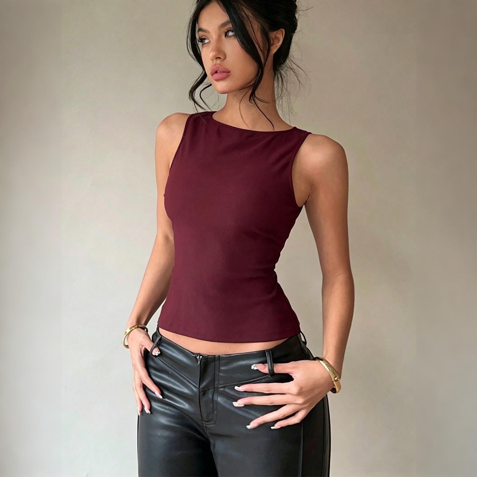 

Women Sleeveless Round Neck Tank Top Stretchy Fitted Solid Basic Tie Summer Casual Shirt Blouse Vest XXL винный
