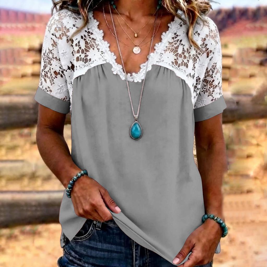 Women’s Short Sleeve Lace Patchwork Blouse V Neck Casual Loose Fit Top with Floral Crochet Design for Daily Wear
