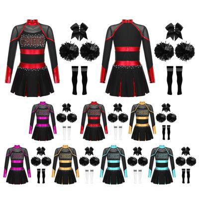 Kinder Mädchen Cheerleading Tanzkostüm Langarm-Plisseekleid mit Schleife, Kopfbedeckung, Handblumen und Socken-Sets