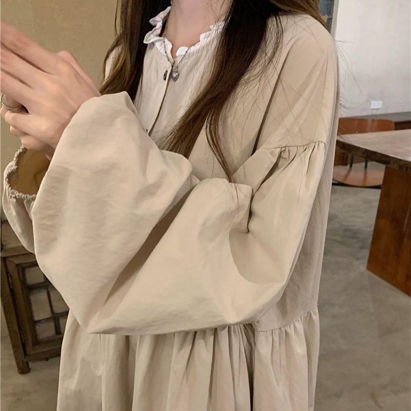 Autumn Korean Style Waist-Cinching Ruffled Fashionable Patchwork Mid-Length Temperament Long Sleeve Dress Women's