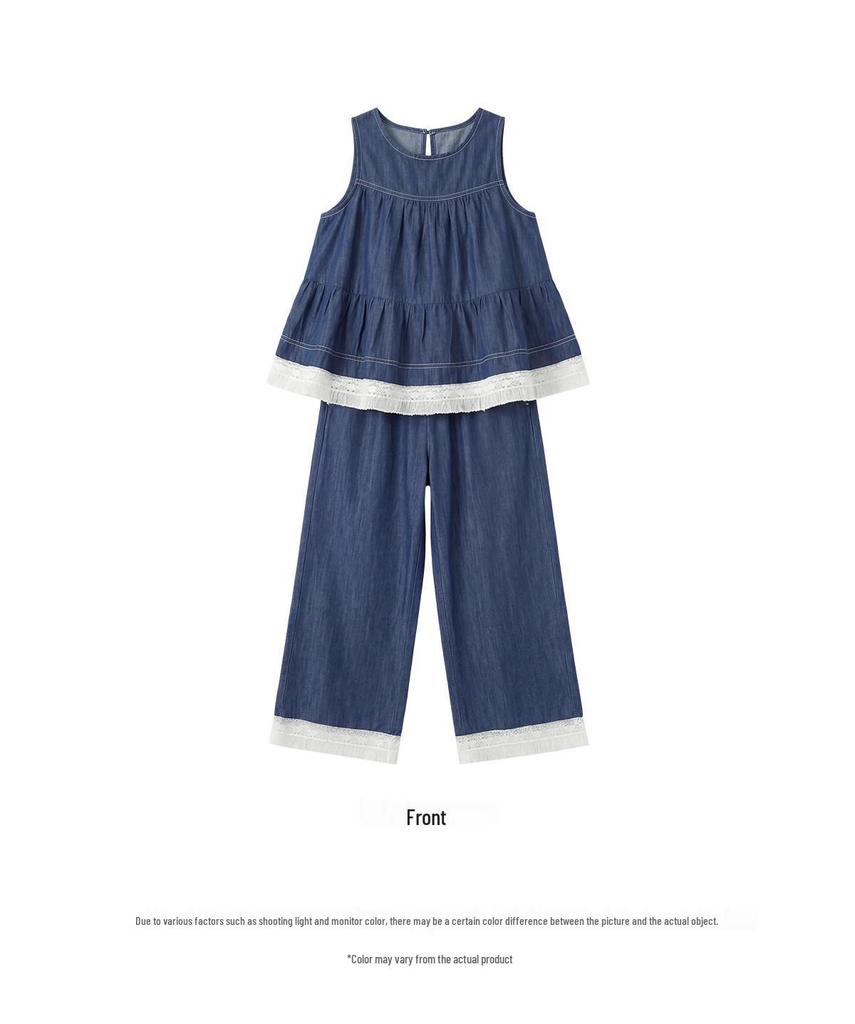 Retro Summer Lace Patchwork Denim Set - Sleeveless Vest & Wide-Leg Pants