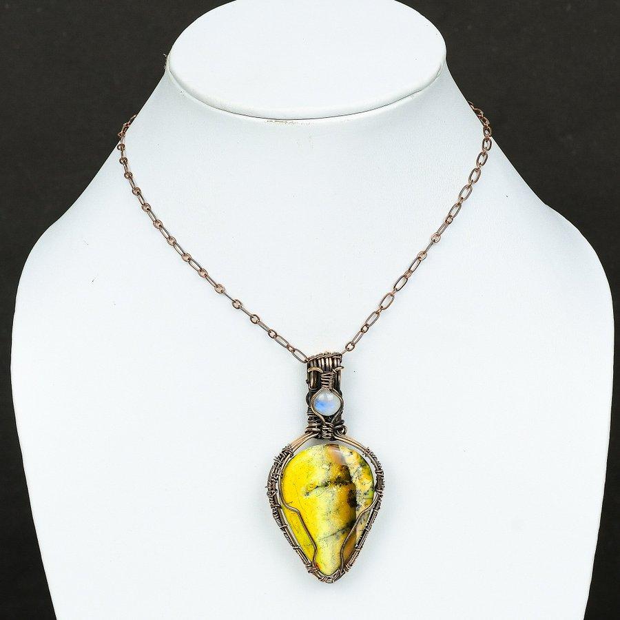 Natural Yellow Dendritic, Moonstone Gemstone Copper Wire Wrap Pendant 2.76" G6I39