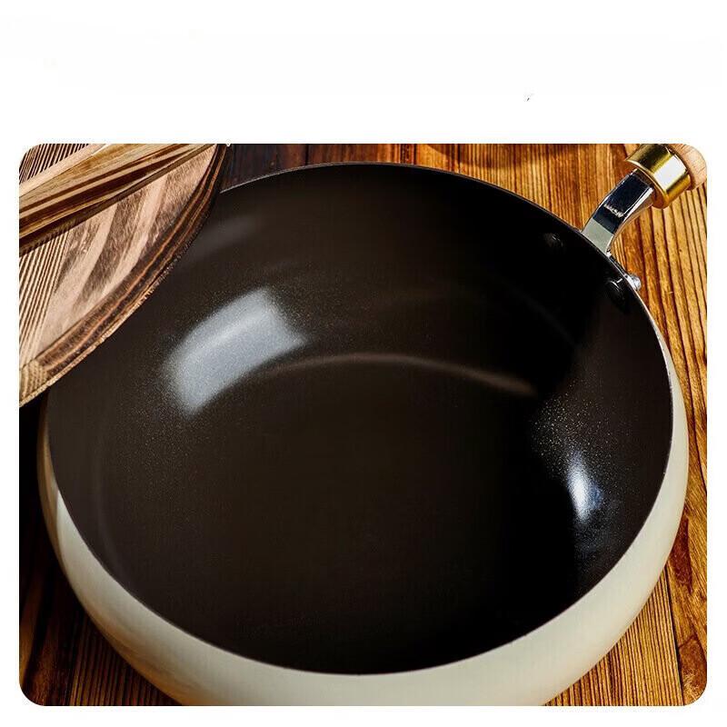 ZISIZ Ceramic Nonstick Wok with Wooden Lid, 28cm