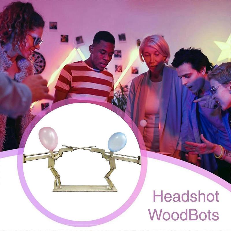 Headshot WoodBots, Handmade Wooden Shooting Puppets Balloon Game, 2025 New Whack A Balloon Strategy Board Game, Balloons Bamboo Man Battle