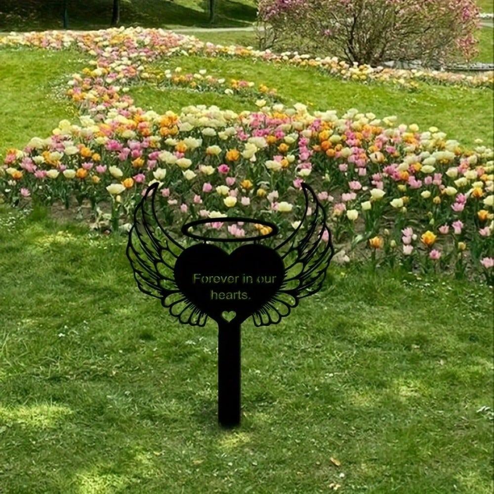 Metal Heart with Angel Wings Memorial Stake Garden Yard Art Grave Marker Pet Remembrance Gift