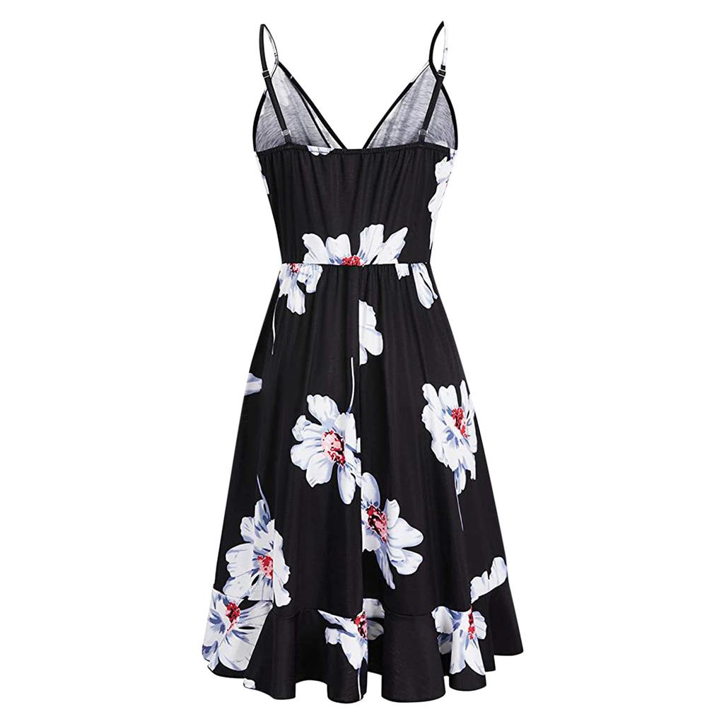 Women Casual Print V-Neck Sleeveless Sling Dress
