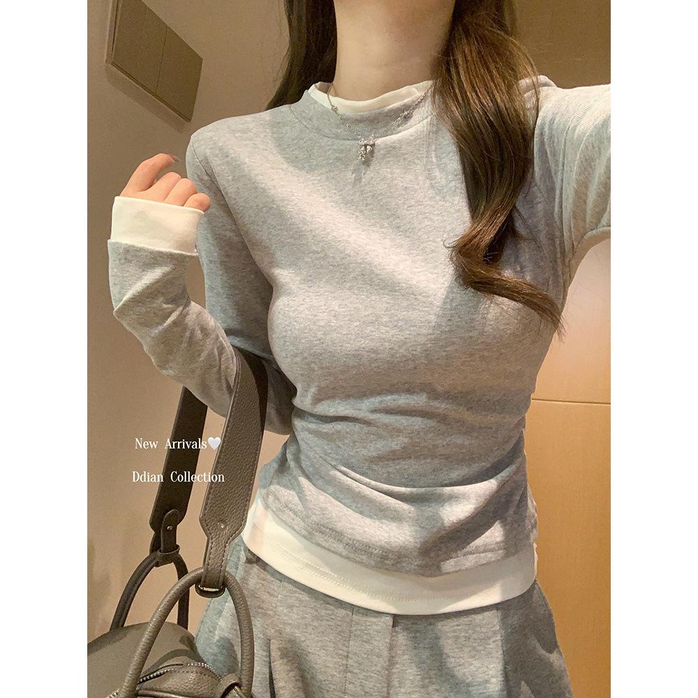 Women's Slim-Fit Two-Piece Patchwork Thermal Fleece Long Sleeve Shirt - Autumn/Winter Base Layer