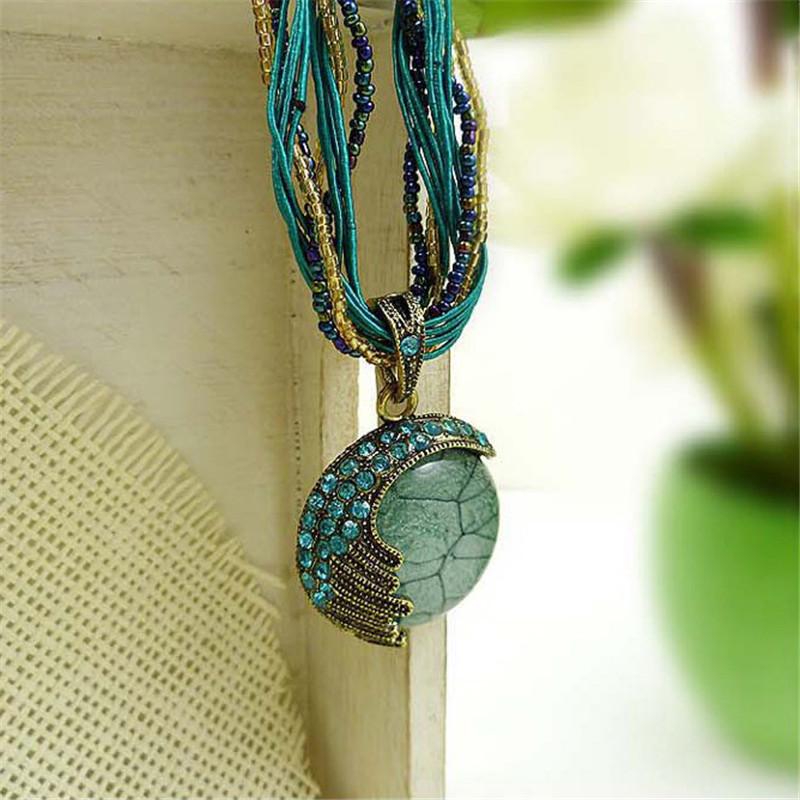 Women Bohemian Vintage Handmade Beaded Peacock Gemstone Pendant Necklace Jewelry Crystal Choker Ethnic Sweater Chain