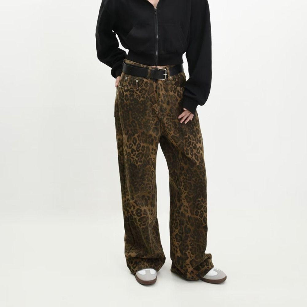 Baggy Leopard Print Jeans Straight Leg Cowboy Pants Fashion Jeans Women Y2k  Lady