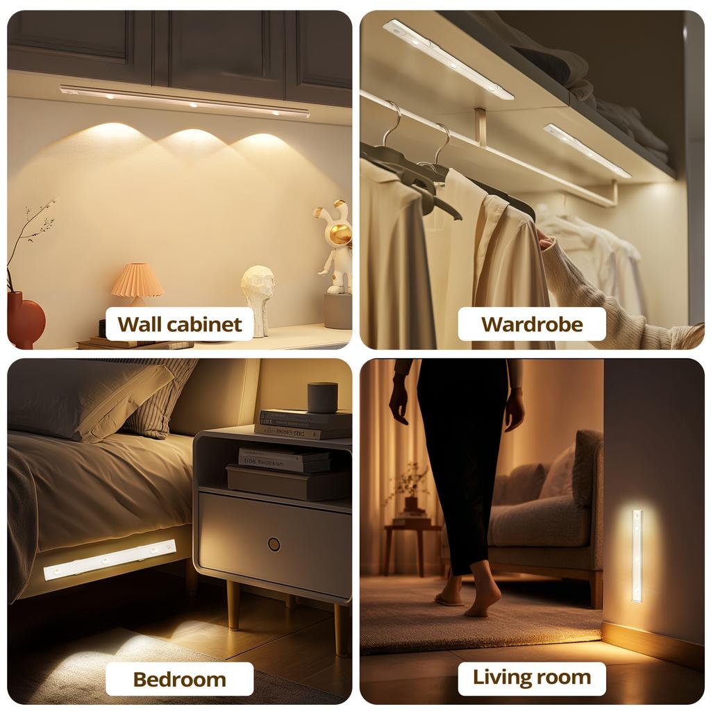 Wireless Motion/Infrared Sensor LED Night Light USB Rechargeable Ultra Thin Cabinet Lamp Smart Dimmable Lighting for Kitchen Wardrobe Bedroom Closet