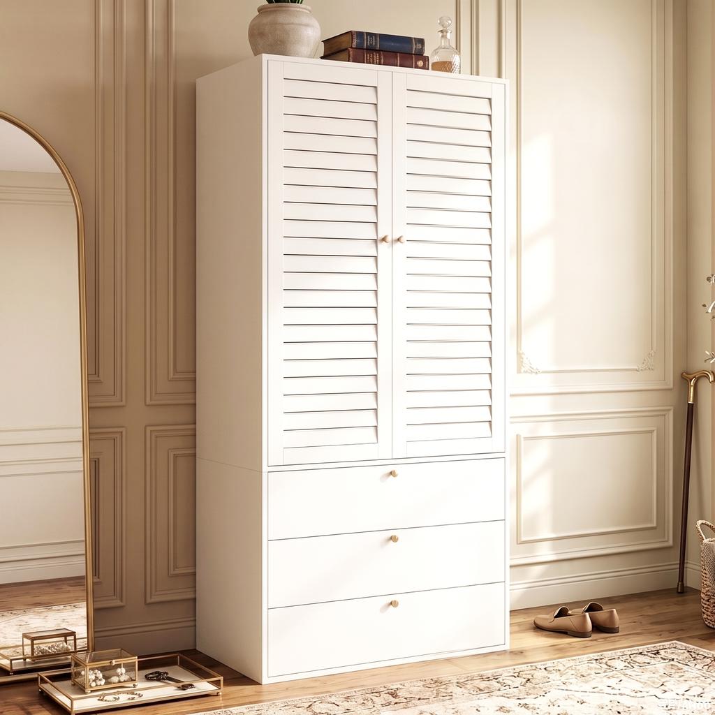 Kleiderschrank mit 2 Türen, elegante Lamellentüren, weiß, 90 x 50 x 200 cm, mit 1 Kleiderstange, 2 Türen und 3 Schubladen, für Schlafzimmer, Kinderzimmer