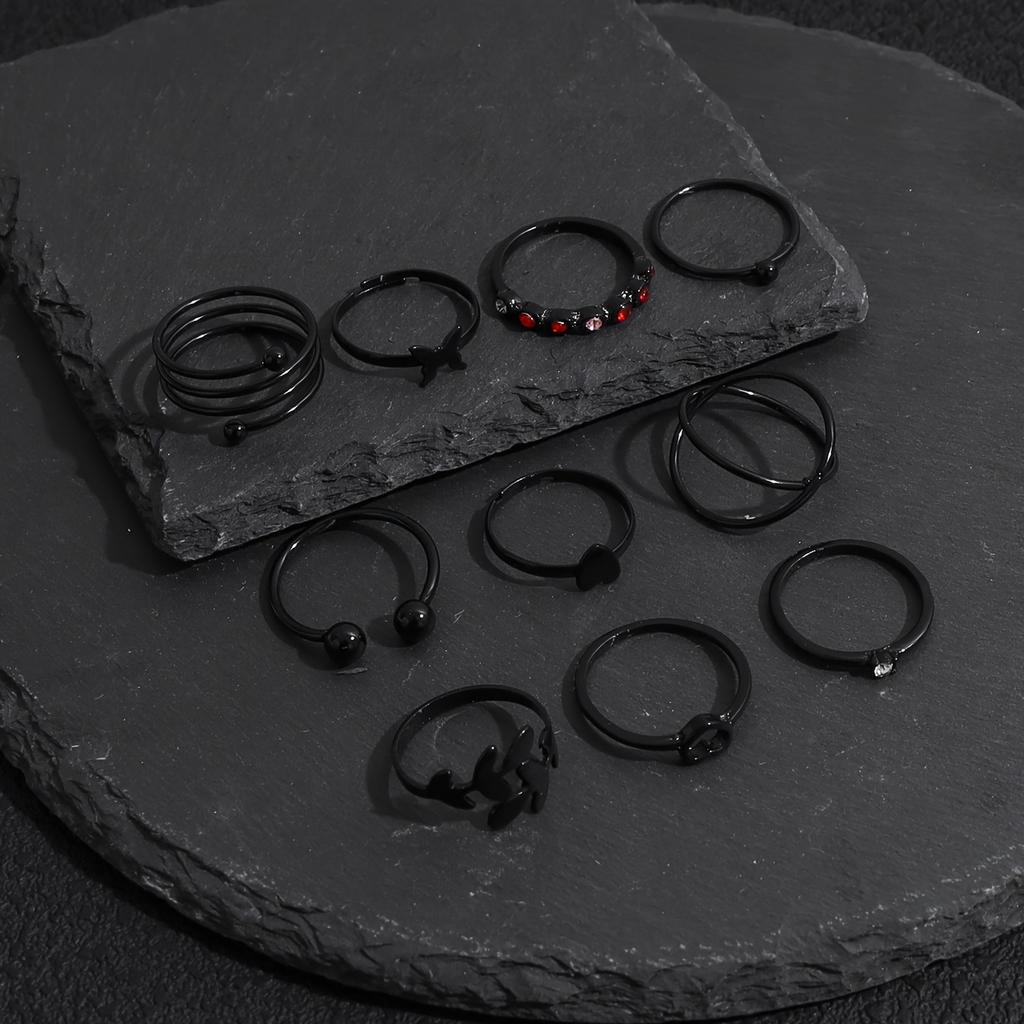 10pcs Iron Ring Multi-Layer Rhinestone Inlaid Ring Set Retro Exaggerated Multi-Layer Geometric Thin Ring Colorful Rhinestone Black Ring Set