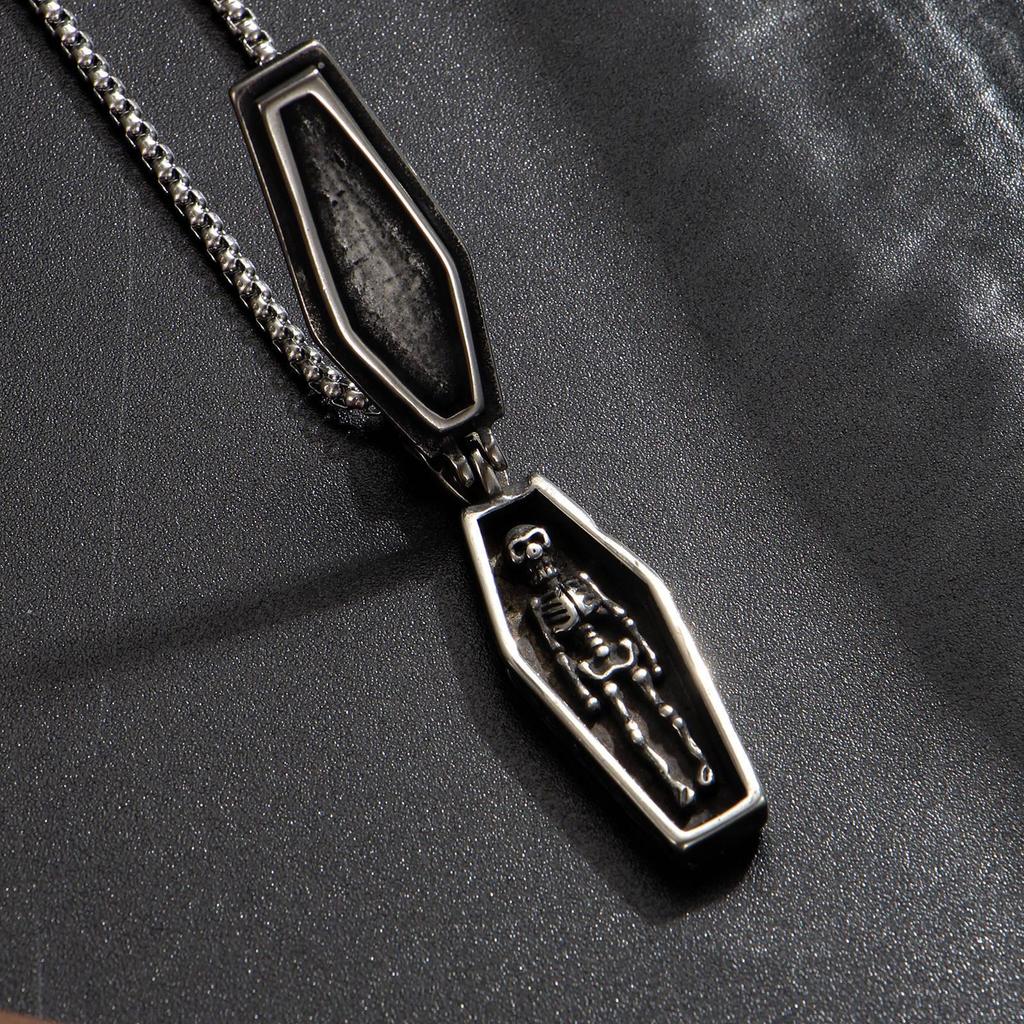 Coffin-Shaped Skeleton Pendant Necklace with Vine Pattern on Antique Silver Chain