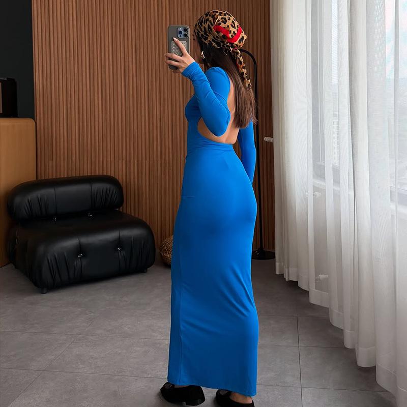 2025 Summer European & American Women's Long-Sleeve Backless Solid Color Fashion Evening Dress