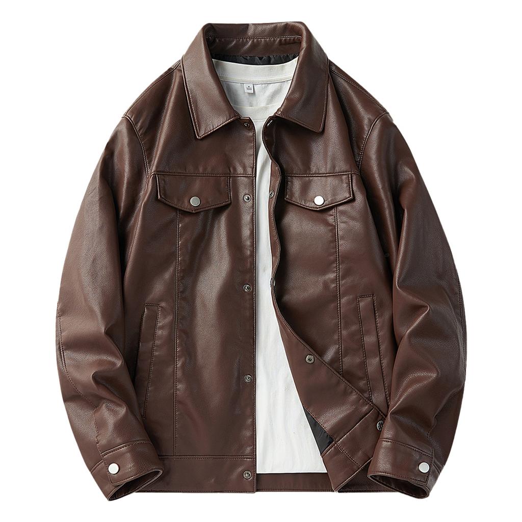 Casual Classic Lapel Black Leather Jacket Men's Fashion British Gentleman Versatile Motorcycle Jacket High Street