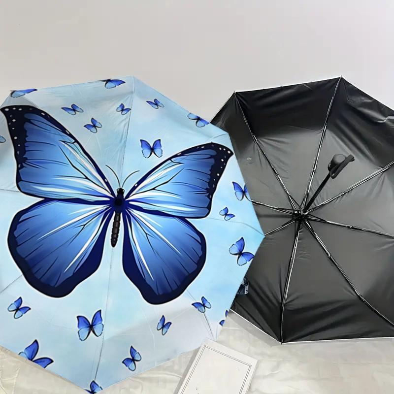 Blue Butterfly Auto Open Close Umbrella - Portable Folding Design with Iron Frame - Gift for Fans, Travelers, Daily Use1121086a
