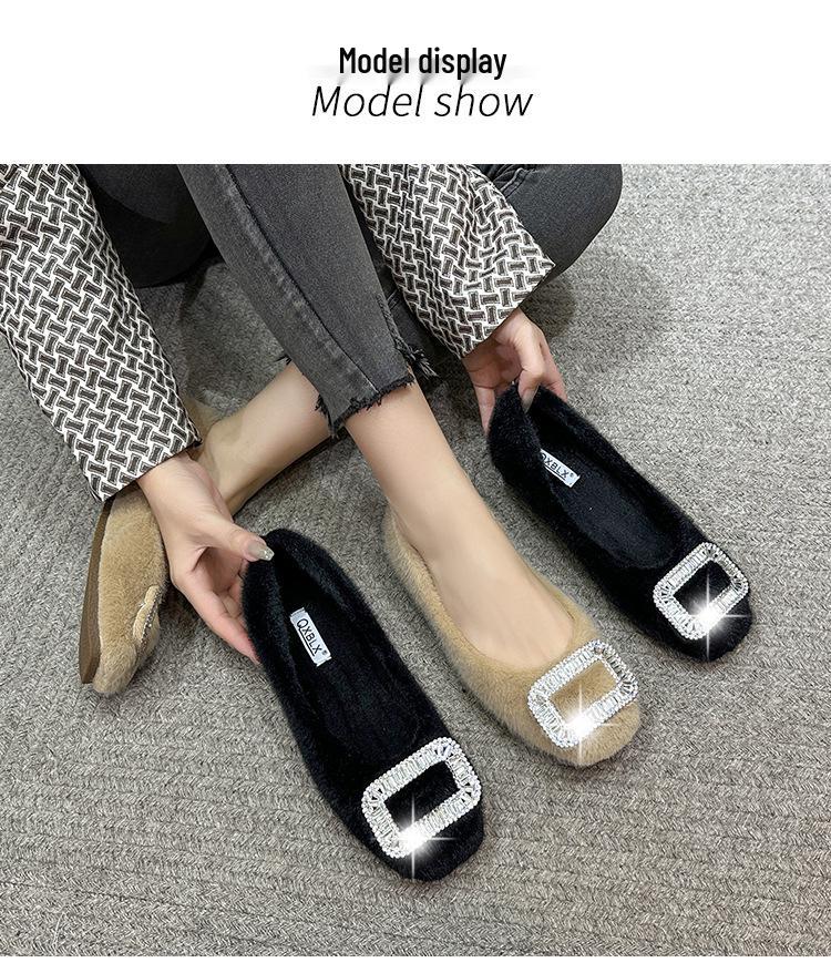 2025 New Winter Women's Furry Velvet Loafers - Black Cotton Flat Warm Slippers