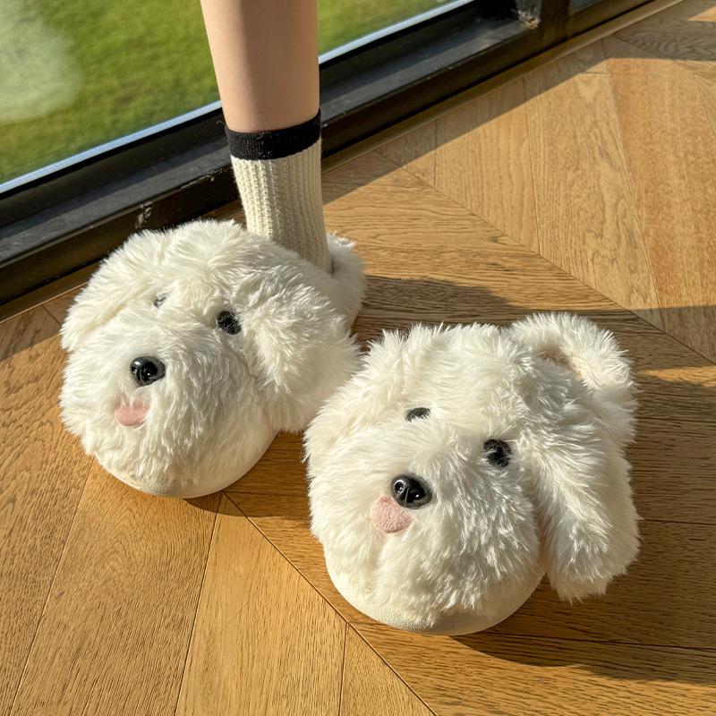 2025 Cute Tongue-Out Puppy Faux Fur Bag & Slippers - Thick-Soled, Warm, Non-Slip Cotton Shoes for Men & Women (Autumn/Winter)