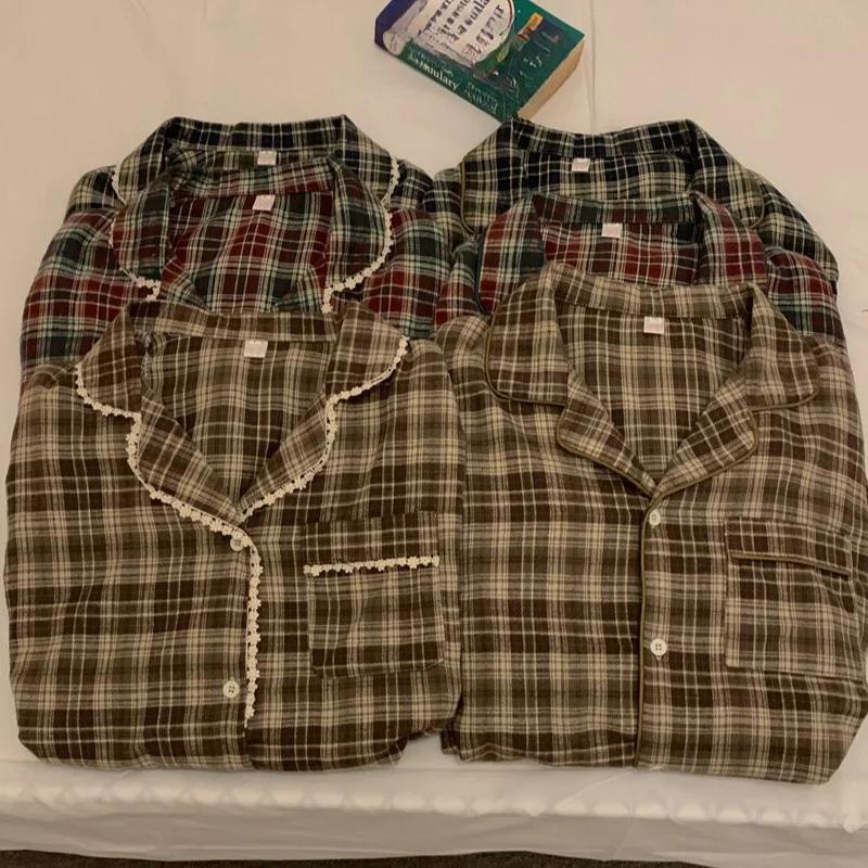 Plaid Couple Pajamas Autumn and Winter  Retro Brushed Pure Cotton One Man One Women Homewear Set Outer Wear