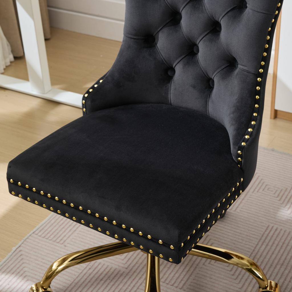 Modern Velvet Upholstered Tufted Button Home Office Chair with Golden Metal Base,Adjustable Desk Chair Swivel Office Chair (Black),DE1923BK