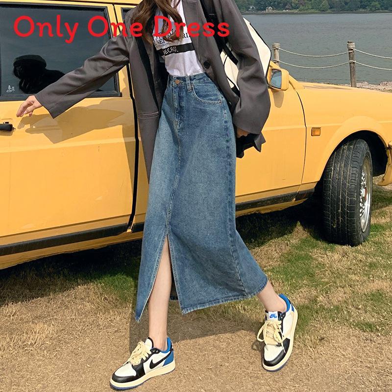 Denim Skirt Waterwash A Line Midi Skirt With Side Slit For Casual Women